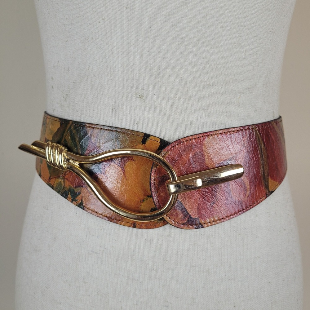 Vintage Floral Belt 38 Colorful Leather Hook Buckle Argentina Boho Cinch 90s